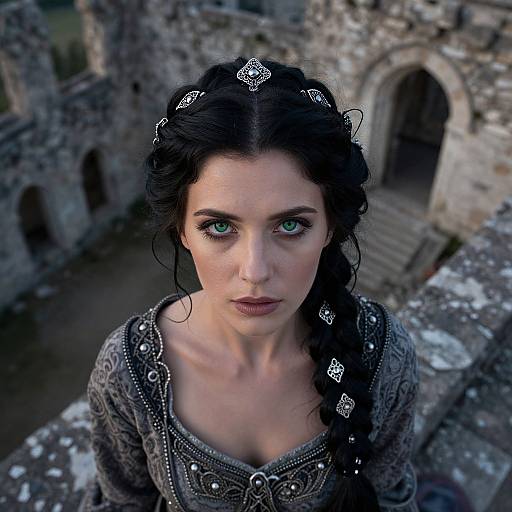 Photorealistic CGI of a pale-skinned woman with striking blue eyes, dark braided hair adorned with silver gems, wearing a detailed, medieval grey