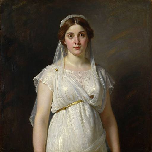 Painting of a young, fair-skinned woman with brown hair, wearing a white, draped gown and sheer veil, against a dark background. Classic