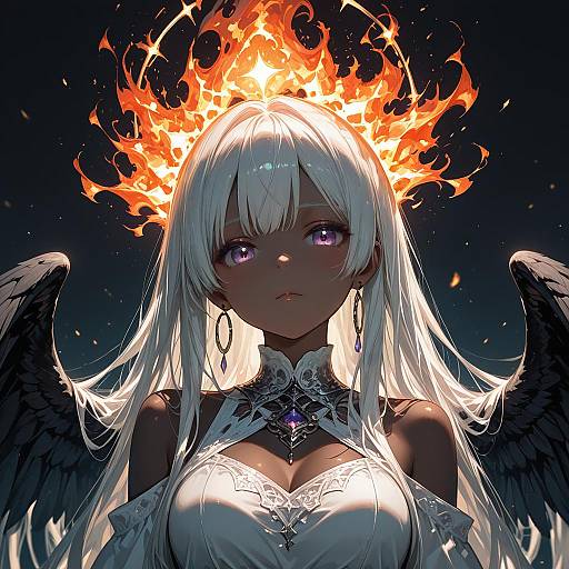 White-Haired Angel in Fiery Watercolor