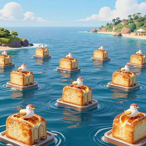 Digital artwork of floating, golden-brown, cylindrical pastries with birds perched on top, set in a vibrant, blue ocean with a distant,