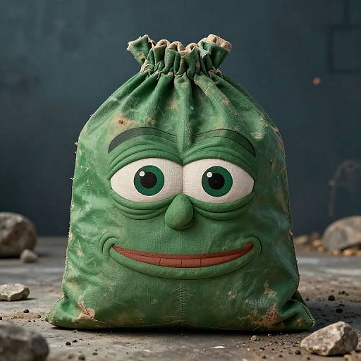 CGI image of a green, anthropomorphic, weathered sack with large, expressive eyes, a smiling mouth, and a tied top, standing on