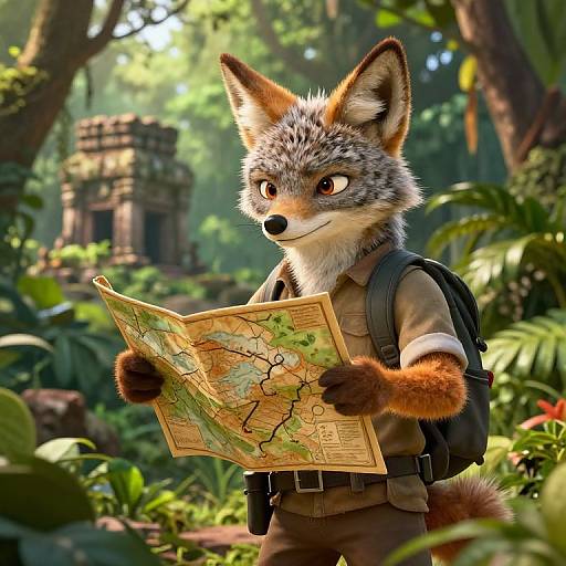 Anthropomorphic fox with brown and white fur, wearing a ranger shirt and backpack, reads a map in a lush, sunlit jungle with ancient ruins