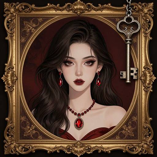 Digital artwork of a pale-skinned woman with black hair, red lipstick, and red jewelry, framed by an ornate gold frame with a key in