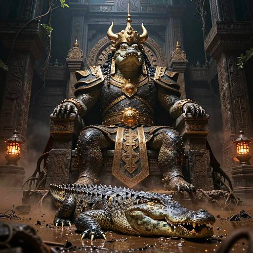 Regal Crocodile Warlord in Ancient Palace