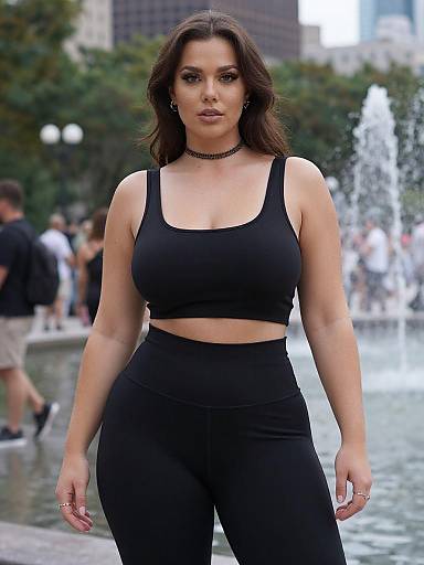 Photograph of a confident, curvy woman with dark hair, wearing a black sports bra and high-waisted leggings, standing in a bustling city