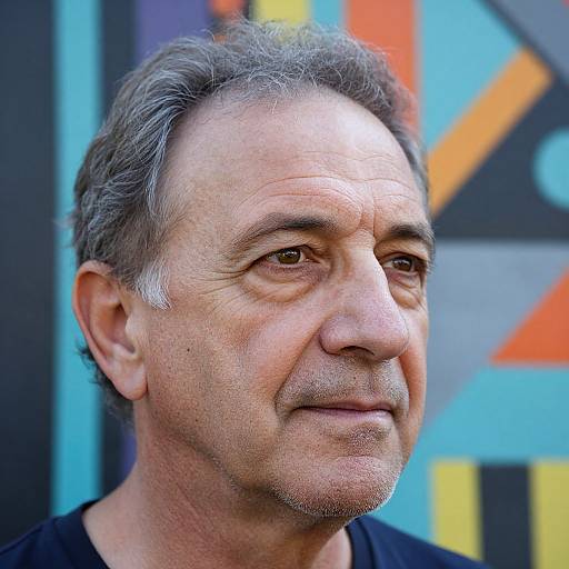 Photograph of an older man with gray hair, light skin, and a slight mustache, wearing a black shirt, against a colorful, geometric-pattern