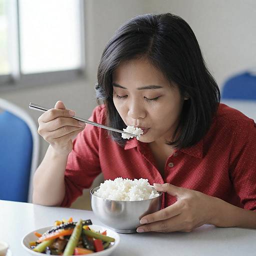 Asian Woman Enjoying Rice and Vegetables