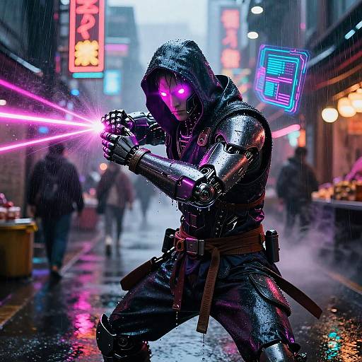 Cyborg ninja in wet alley, neon lights, and rain, firing pink laser, glowing blue hologram, cyberpunk style, vibrant colors.