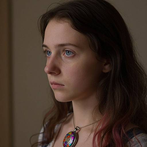 Photograph of a young woman with fair skin, blue eyes, and dark wavy hair, wearing a plaid shirt and a colorful pendant, looking