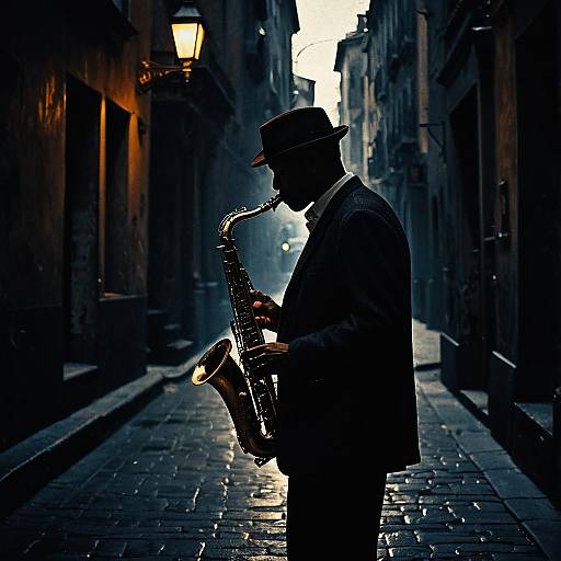 Silhouetted Jazz Musician Playing Saxophone on Dim Street