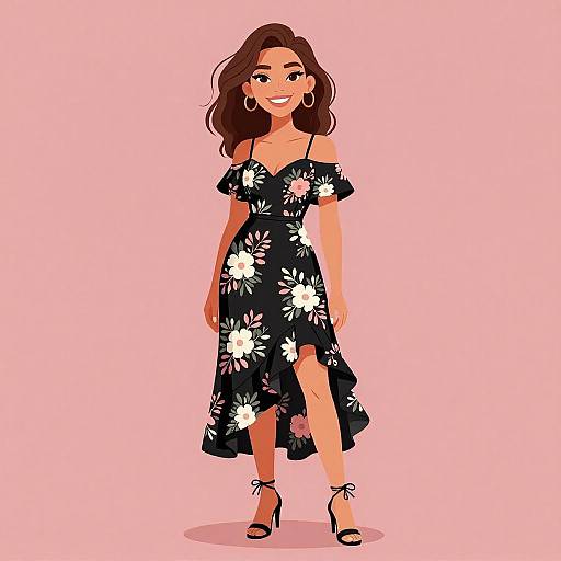 Digital illustration of a smiling woman with wavy brown hair, wearing a black floral off-shoulder dress and black sandals, against a pink background.