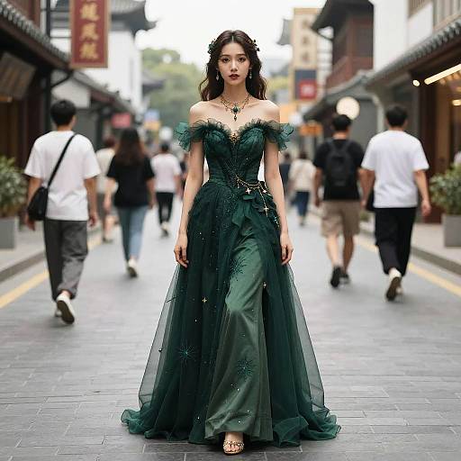 Photograph of an Asian woman with long black hair, wearing a green, sheer, off-the-shoulder gown with feather details, walking down a