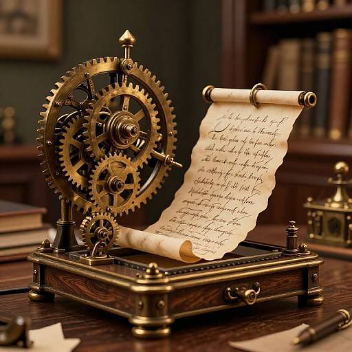 Vintage photograph of a brass mechanical writing machine with a rolled parchment, cursive script, on a wooden desk in a library.