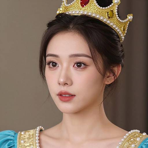 Photograph of an Asian woman with fair skin, dark hair in an updo, wearing a gold crown with red and black gems, and a blue