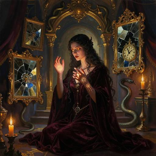 Mystical portrait of a dark-haired woman in a velvet robe, glowing hands, ornate frames, clock, candles, and snake, dimly