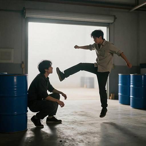 Mid-Air Kick in Dim Warehouse