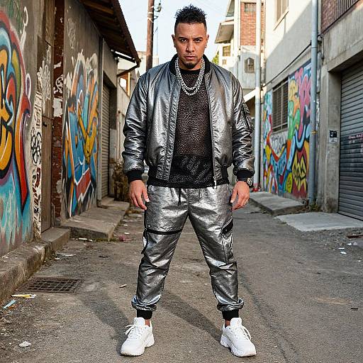 Photograph of a man with short black hair, wearing a shiny black leather jacket, black mesh shirt, silver pants, white sneakers, standing in a