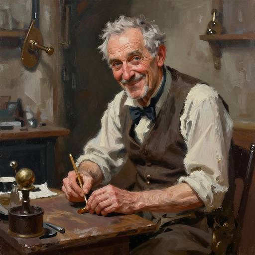 Digital oil painting of an elderly man with white hair and a smile, wearing a white shirt and brown vest, writing at a wooden desk in a dim