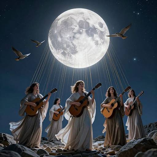 Photograph-like digital art of six ancient-style musicians with long hair, wearing flowing white robes, playing guitars under a large, glowing full moon, with