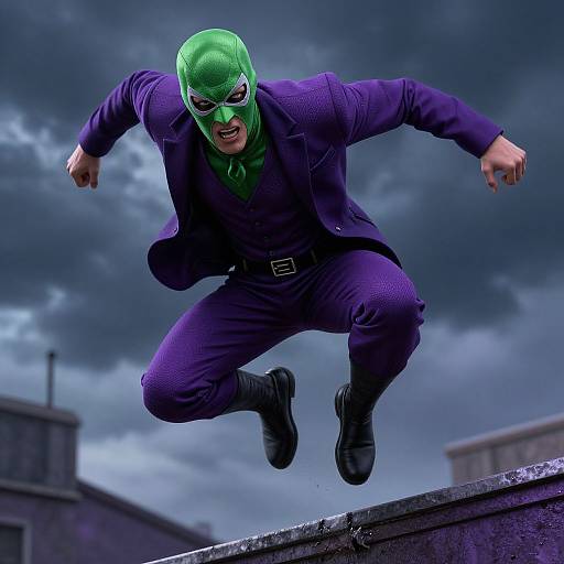 Photograph-style digital art of a green-masked superhero in a purple suit, jumping mid-air against a stormy, dark sky.