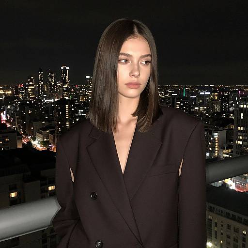 Photograph of a pale-skinned woman with straight black hair, wearing a black double-breasted blazer, standing on a rooftop at night with a