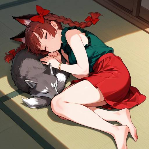 Dreamy Cat Girl in Red Skirt