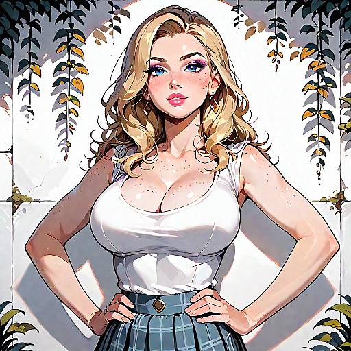 Confident Blonde Woman in Plaid Skirt
