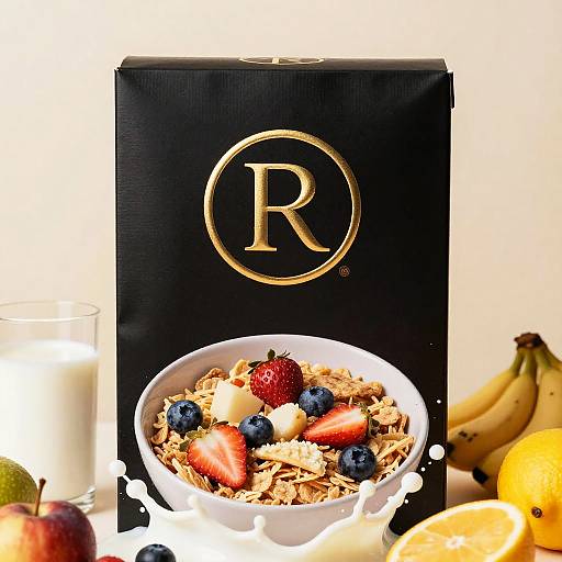 Luxury Black Cereal Box with Fresh Fruit and Milk Splash