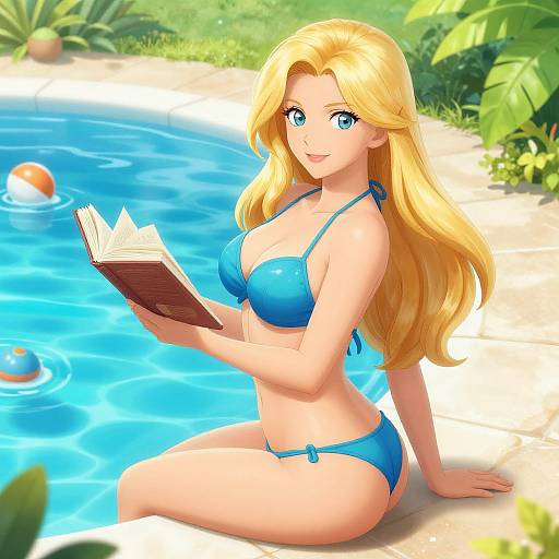 Digital anime-style illustration of a blonde woman with blue eyes, wearing a blue bikini, reading a book by a sunny pool.