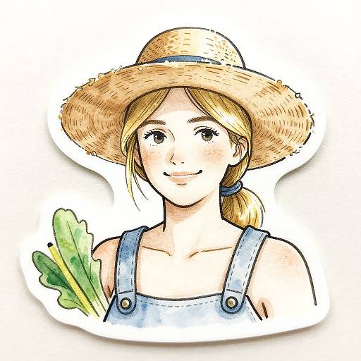 Colorful digital drawing of a smiling blonde woman in a straw hat, denim overalls, holding leafy greens, with a white background.