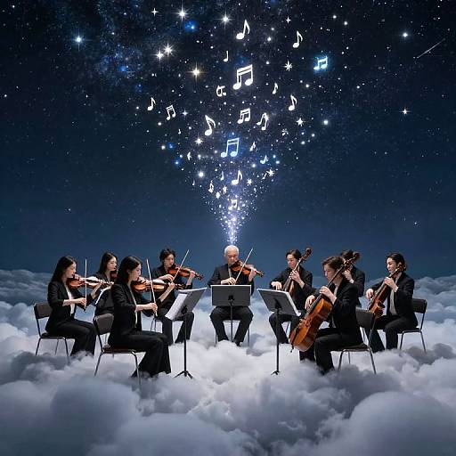 Photograph of a string quartet playing on a cloud-filled night sky, with musical notes and stars ascending from their instruments.