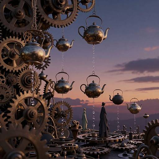 Digital artwork of metallic teapots and gears hanging in midair at sunset, with a silhouette figure in a top hat on a circular platform below.