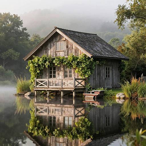 Rustic Lakeside Vine-Covered House