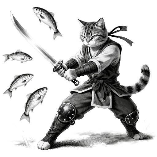 Crosshatched Ninja Cat Slicing Flying Fish
