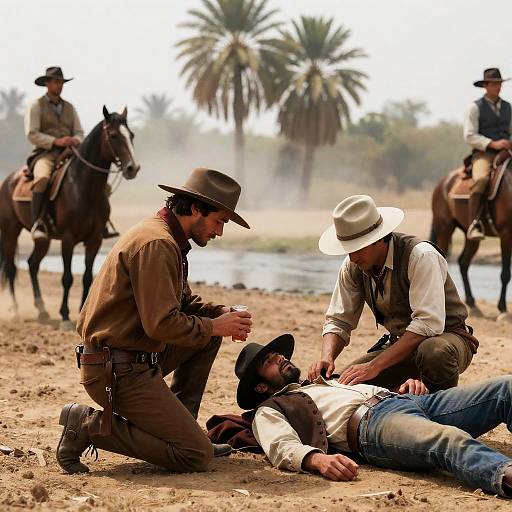Dramatic Western Scene with Injured Hero