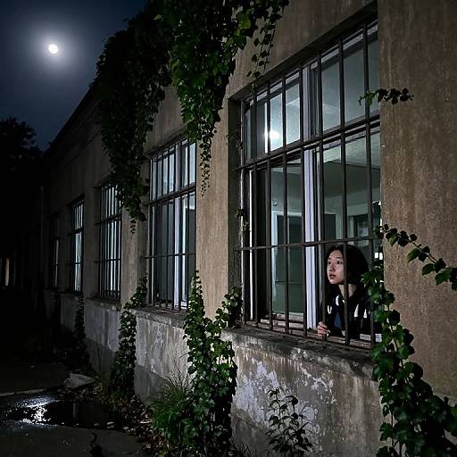 Photograph of a young Asian woman with black hair, peering out a moonlit, ivy-covered, broken window of an old, abandoned building