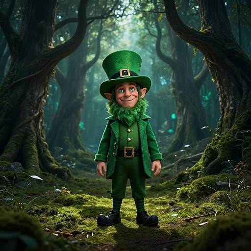 Digital artwork of a cheerful, chubby leprechaun with green outfit, top hat, and beard, standing in a misty, enchanted forest.