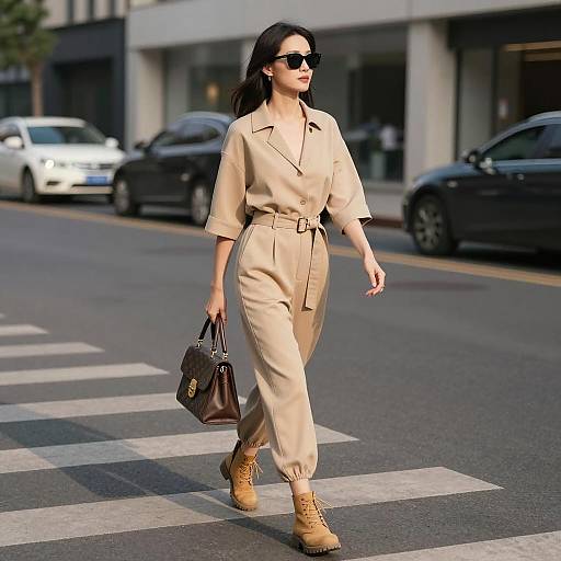 Woman Walking Confidently in Beige Jumpsuit