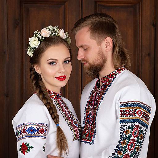 Photograph of a fair-skinned couple with braided hair and beards, wearing traditional white embroidered folk dresses, white flower crown, standing close,