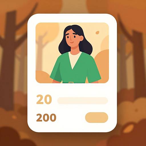 Digital illustration of a smiling woman with long black hair in a green shirt, framed like a photo with numbers 