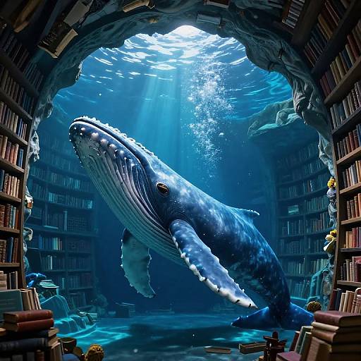 Digital artwork of a massive blue whale swimming through a sunlit underwater library, surrounded by bookshelves and scattered books.