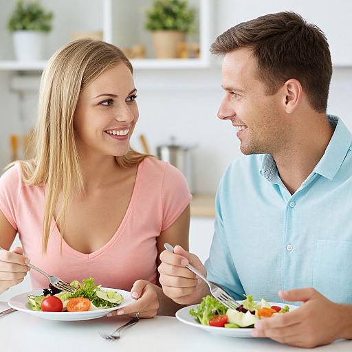 Photograph of smiling blonde woman in pink top and brown-haired man in blue polo, sharing a colorful salad at a bright, modern kitchen table.