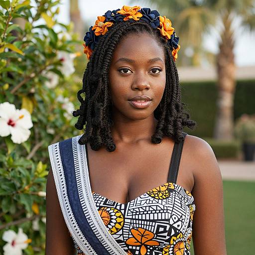 Photograph of a Black woman with dark skin, wearing a black and orange floral headband, and a geometric-patterned, orange and black strapless