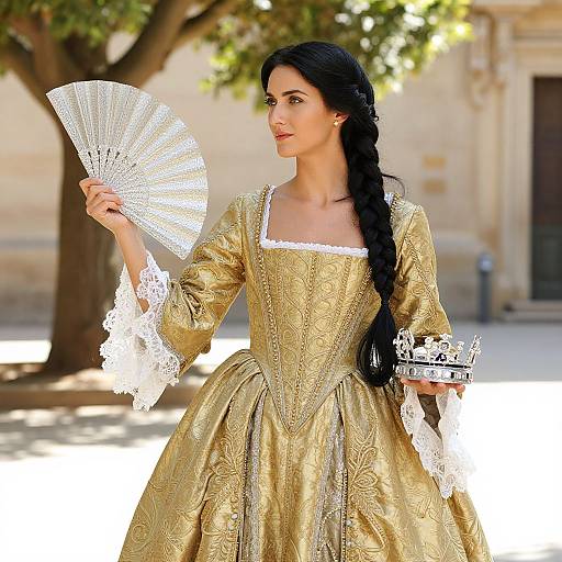 Photograph of a woman with long black braided hair, wearing an ornate gold Renaissance-style dress with lace cuffs, holding a white fan, standing