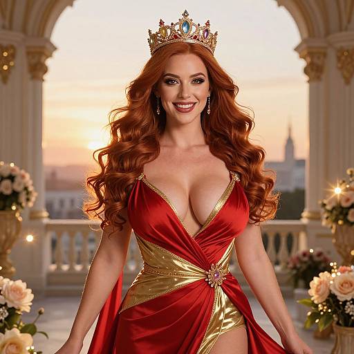Photograph of a smiling, red-haired, fair-skinned queen with large breasts, wearing a golden crown, red and gold gown, standing in a