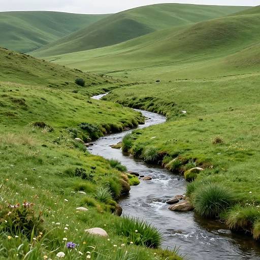 Photograph of a serene, winding stream flowing through lush, green rolling hills with scattered wildflowers and rocks under a cloudy sky.