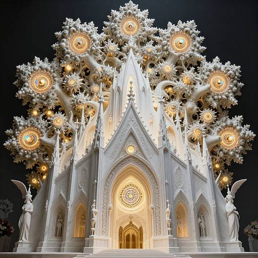 Photorealistic digital image of a glowing, white Gothic cathedral adorned with ornate, circular light orbs and angelic statues against a dark sky.