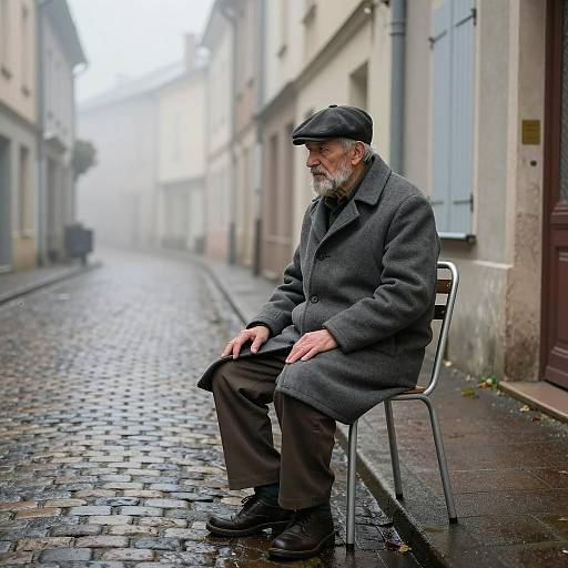 Mysterious Elder on a Foggy Street