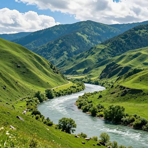 Photograph of a vibrant, lush green valley with a winding river, surrounded by rolling hills and dense forests under a bright, partly cloudy sky.