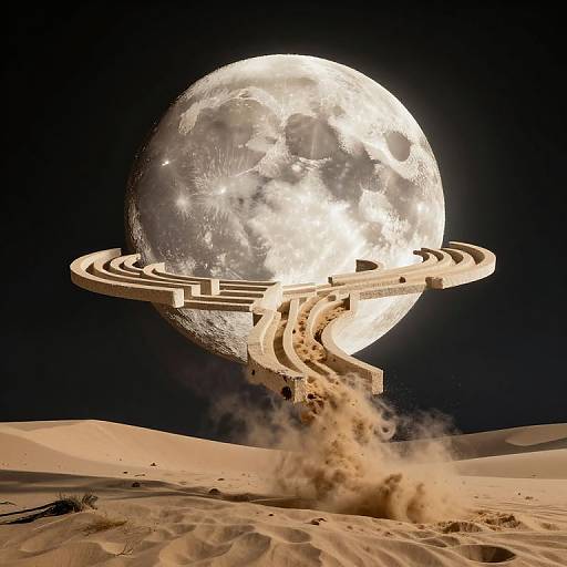 Photorealistic CGI of a large, detailed moon with a spiral, elevated road winding around it, set in a sandy desert.
